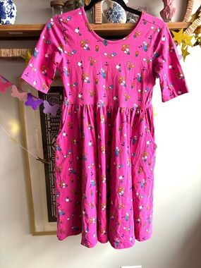 Hanna Andersson Bright Pink Floral-Print Casual Dress size 160/ 14-16